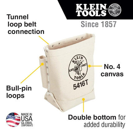 Canvas Bolt Bag, Small Bag for Bolt Storage with Bull Pin Loops, Belt Tunnel Loop Connection, Klein Tools 5416T