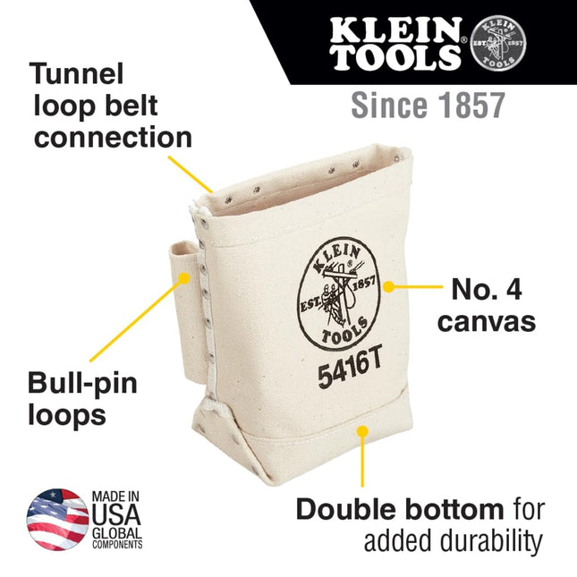 Canvas Bolt Bag, Small Bag for Bolt Storage with Bull Pin Loops, Belt Tunnel Loop Connection, Klein Tools 5416T
