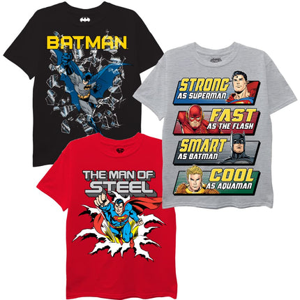 DC Comics Kids' Batman, Superman, Justice League 3 Pack T-Shirt Bundle Set, Black/Grey/Red, 4-5