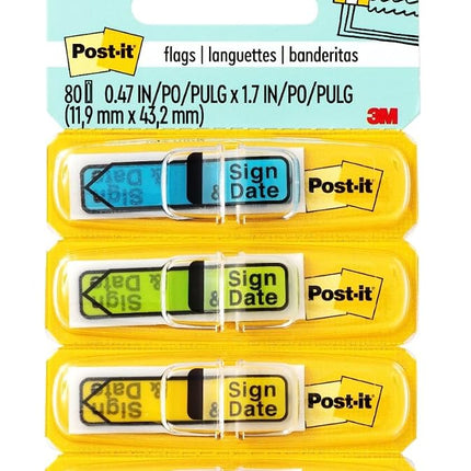 Post-it Message Flags, Sign and Date, 30/Dispenser, 4 Dispensers/Pack, .47 in Wide, Assorted Colors (684-SD) (3 Pack)