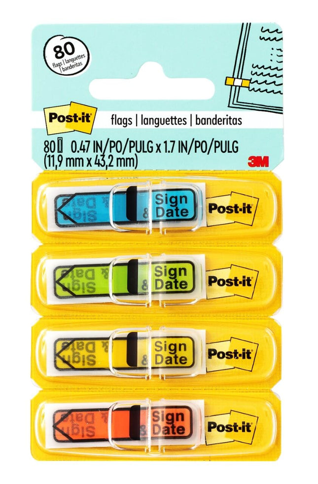 Banderitas Post-it para mensajes, firmar y fechar, 30 por dispensador, 4 dispensadores por paquete, 1.2 cm de ancho, colores surtidos (684-SD) (paquete de 3)