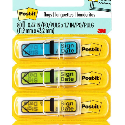 Post-it Message Flags, Sign and Date, 30/Dispenser, 4 Dispensers/Pack, .47 in Wide, Assorted Colors (684-SD) (24 Pack)