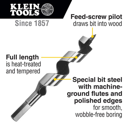 Klein Tools 53404 Steel Ship Auger Bit with Screw Point, 7/8-Inch Bit x 4-Inch Twist Length for Drilling Through Wood with Nails