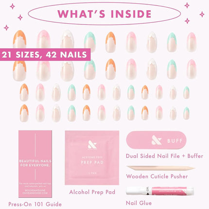 Olive & June Maximalist Instant Mani Press-On Nails (Glue) | 42 Fake Nails, 21 Sizes | Non-Toxic, Long-Lasting Big, Bold Gorgeous Realistic Look | Salon-Quality | Medium, Almond | Scalloped French