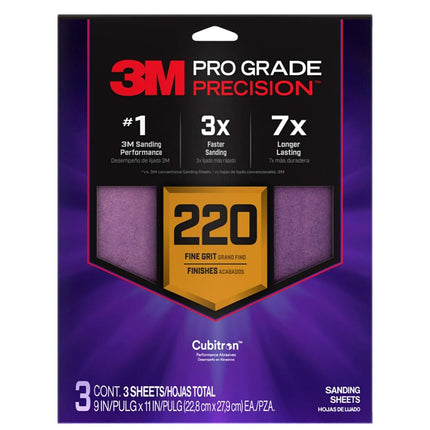 20-Pack of 9” x 11” 3M 26220 Tri-3 Pro Grade Precision No-Slip Grip Sanding Sheet, 220-Grit, 3-Pack
