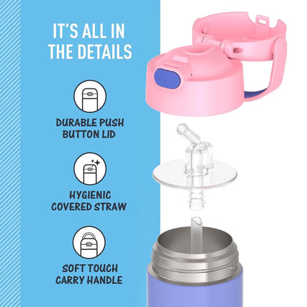 THERMOS FUNTAINER 12 Ounce Stainless Steel Vacuum Insulated Kids Straw Bottle, Purple/Pink