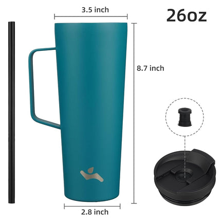 Konokyo Insulated Tumbler with Handle and Straw, 26 OZ Travel Coffee Mug Stainless Steel Cup Metal Water Bottle,Blue