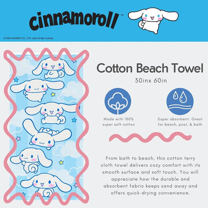 Sanrio Cinnamoroll Oversized Cotton Beach Towel, 30 x 60 Inch Large Soft & Absorbent Pool, Bath & Beach Towel (100% Officially Licensed Product) by Franco Collectibles
