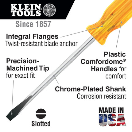 Klein Tools BD284 1/4-Inch Flat Head Screwdriver with Keystone Tip, 4-Inch Square Shank and Comformdome Handle