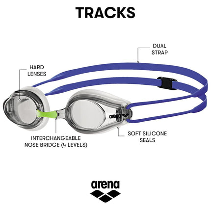 ARENA Tracks Unisex Adult Race Swimming Goggles, Standard Pool Goggles with Anti-Fog Lenses, UV Protection, 4 Interchangeable Nose Bridges, Silicone Seals