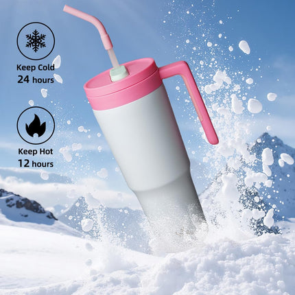 Konokyo Insulated Tumbler with Handle and Straw,40 OZ Vacuum Stainless Steel Water Bottle Travel Mug Metal Cup with Fruit Diffuser,Pink Grey