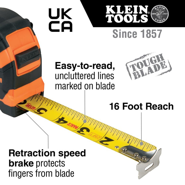 Klein Tools 9125 Tape Measure, Heavy-Duty Measuring Tape with 25-Foot Single-Hook Nylon Reinforced Blade, With Metal Belt Clip
