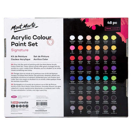 MONT MARTE Acrylic Paint Set, 48 x 36ml, Semi-Matte Finish, 48 Colours, Suitable for Canvas, Wood, MDF, Leather, Air-Dried Clay, Plaster, Cardboard, Paper and Crafts