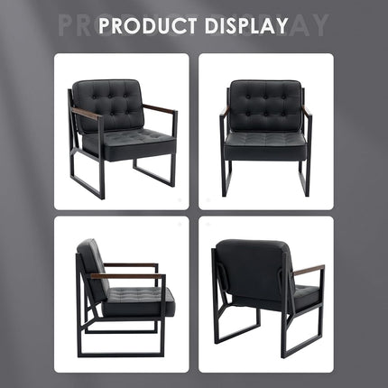 Sillón decorativo moderno de mediados de siglo COLAMY, juego de 2, cómodo sillón para sala de estar, sillón decorativo de cuero negro, sillón con reposabrazos de cuero sintético con patas de metal para sala de estar, dormitorio, recepción, oficina, negro