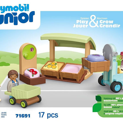 Playmobil 71691 JUNIOR: Organic Market Stall and Forklift, educational toy, made from over 90% plant-based plastics, fun imaginative role-play, playset suitable for children ages 1+