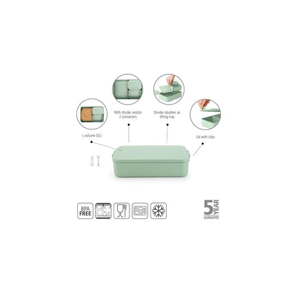 Brabantia Make and Take Bento Lunch Box, Large, 2 Litre Capacity, Jade Green