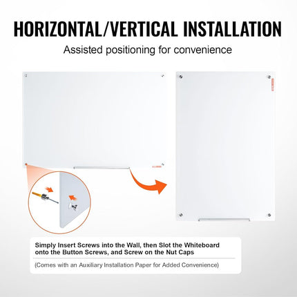VEVOR Magnetic Glass Writing Board, Erasable 48"x32", Frameless Wall Hanging White Glassboard, Includes Marker Holder, an Eraser, and 2 Writing Pens, White