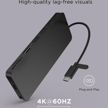 Base de conexión de viaje delgada USB-C de Lenovo, 8 puertos, hasta 65W PD Pass Through, cable USB-C integrado, soporte de pantalla 4K, color negro