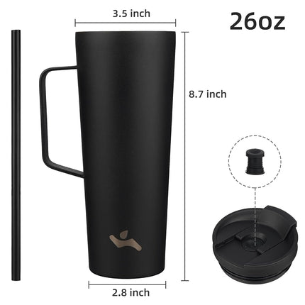 Konokyo Insulated Tumbler with Handle and Straw, 26 OZ Travel Coffee Mug Stainless Steel Cup Metal Water Bottle,Black