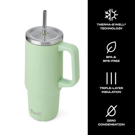 S'well - Recycled Stainless Steel Tumbler XL with Straw and Handle, Triple Layered Vacuum Insulated Containers Keeps Drinks Cold for 50 Hours and Hot for 10 (30 oz, Pistachio)