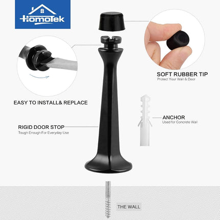 HOMOTEK Heavy Duty Solid Rigid Door Stop with Soft Rubber Tip, Zinc Die Cast Door Stopper Protect Wall & Door (Black, 8 Pack)