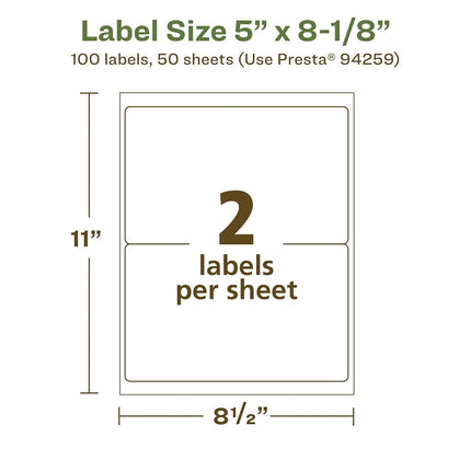 Etiquetas rectangulares recicladas Avery EcoFriendly blancas mate, 5" x 8-1/8", etiquetas blancas mate, adhesivo permanente, imprimibles con láser/inyección de tinta, 100 en total