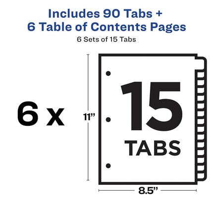 Avery 15 Tab Dividers for 3 Ring Binders, Customizable Table of Contents, Multicolor Tabs, 6 Sets (11197)