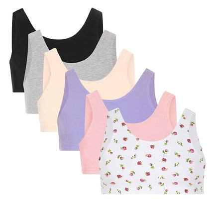 Fruit of the Loom Girls' 6-Pack Sports Bra, Dancing Rosebud/Rose/Hyacinth/Grey/Nude/Blue, 32