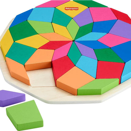 Fisher-Price Wood Preschool Toy Mandala Puzzle with Geometric Design, 41 Wooden Pieces for Kids Ages 3+ Years, HXT94