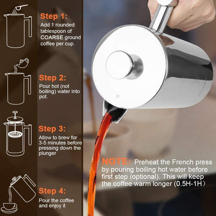 Secura Stainless Steel French Press Coffee Maker 18/10 Bonus Stainless Steel Screen (1000ML), Silver