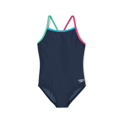 Speedo Girls One Piece Swimsuit Thin Strap, Blue (Blue Print), 12