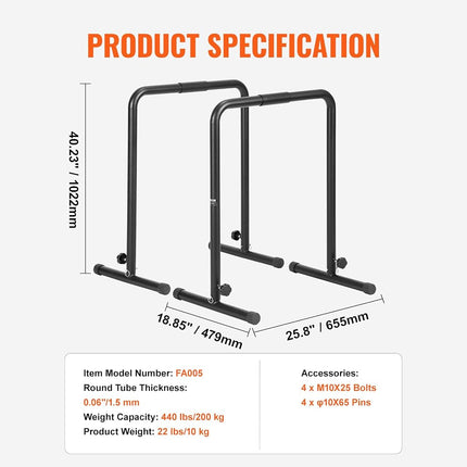 VEVOR Dip Bars, 200 kg Capacity, Heave Duty Dip Stand Station with Adjustable Height, Fitness Workout Dip Bar Station Stabilizer Parallette Push Up Stand, Parallel Bars for Strength Training Home Gym