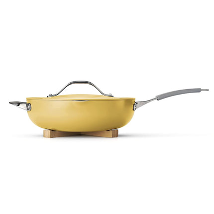 Tramontina All-in-One Plus Pan Set, 5-Quart Ceramic Non Stick Cooking Pan with Lid, Steamer Insert, Bamboo Utensil and Trivet, Yellow