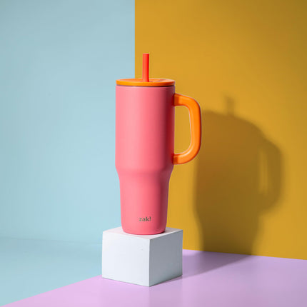 Zak Designs Sutton Travel Tumbler for On The Go, 40oz Stainless Steel with Vacuum Insulation, Silicone Straw, and Carry Handle for Cold Drinks (So Sweet Pink)