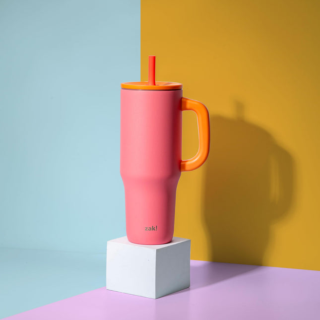 Zak Designs Sutton Travel Tumbler for On The Go, 40oz Stainless Steel with Vacuum Insulation, Silicone Straw, and Carry Handle for Cold Drinks (So Sweet Pink)