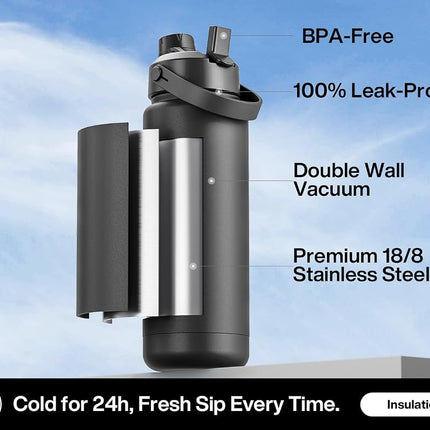 POWCAN 946 ml Insulated Water Bottle, 2-in-1 Straw & Spout Lid, Leakproof, BPA-Free, Double Wall Stainless Steel, Keeps Cold 24H, for Gym, Travel (Dark Knight)