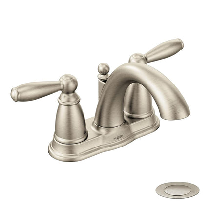 Moen Brantford Brushed Nickel Two-Handle Low-Arc Centerset Bathroom Faucet with Drain Assembly, 6610BN