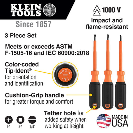 Klein Tools 85073INS Insulated Screwdriver Set, Features 1000V Phillips, Slotted and Square Tips, Cushion Grip Handles, 3-Piece