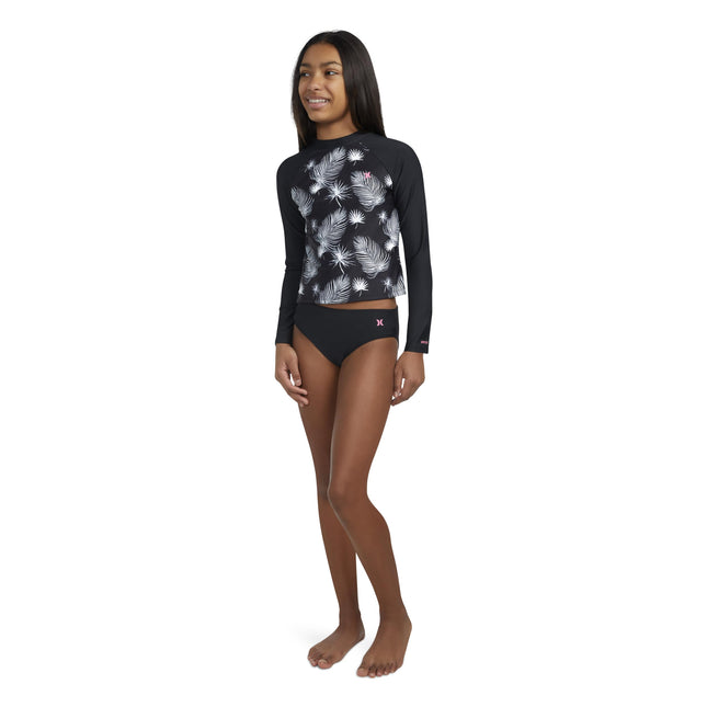 Hurley Girls Long Sleeve Rash Guard Swimsuit, Black/Sail, 7