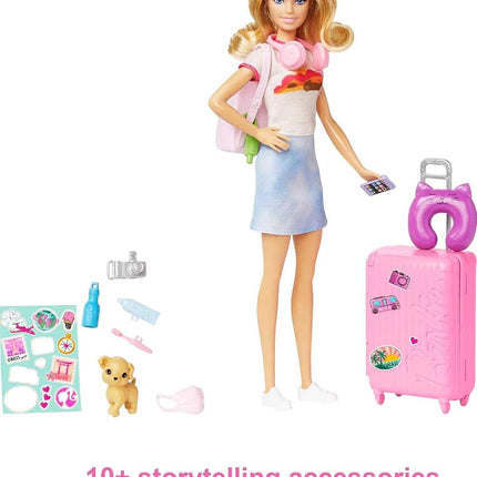 Barbie Doll & Accessories, Travel Set with Puppy and 10+ Pieces, Suitcase Opens & Closes, Barbie 'Malibu' with Blonde Hair, HJY18