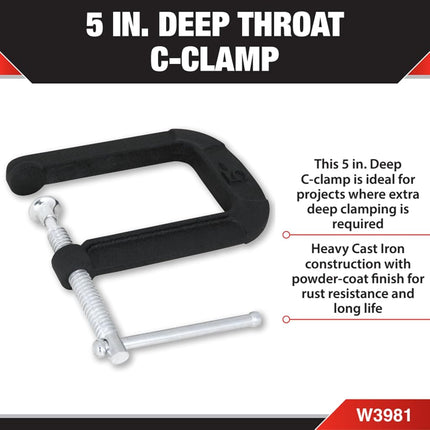 Performance Tool W3981 5-Inch Deep C-Clamp with Heavy Cast Iron Construction and Extra-Large Swivel Base for Deep Clamping Projects