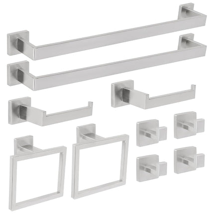 FAHKNS 10 Pièces Ensemble d'Accessoires de Salle de Bain 23,6 Pouces en Acier Inoxydable, Porte-Serviettes Carré Mural pour Salle de Bain, Argent