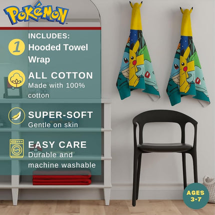 Serviette à capuche Pokemon en tissu éponge de coton super doux pour le bain, la piscine et la plage, 24 po x 50 po, (produit sous licence officielle) par Franco