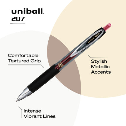 Bolígrafos de gel retráctiles uni-ball 207, punta micro (0.5mm), rojos, paquete de 12