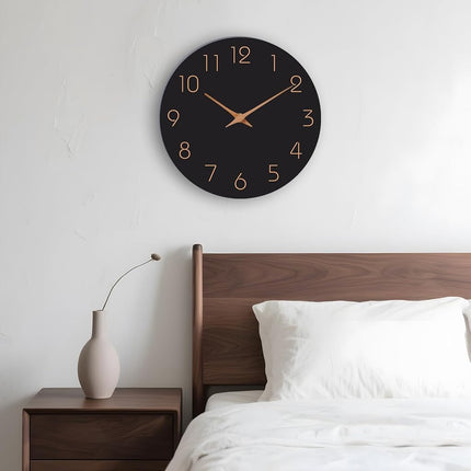 Mosewa Wall Clock 14 Inch Black Battery Operated Silent Non-Ticking - Simple Minimalist Rose Gold Numbers Clock Decorative for Bedroom,Living Room, Kitchen,Home,Office(14" Black)