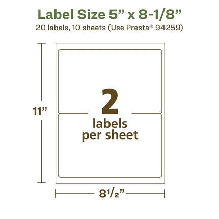 Avery EcoFriendly Matte White Recycled Rectangle Labels, 5" x 8-1/8", Matte White Labels, Permanent Adhesive, Laser/Inkjet Printable, 20 Total