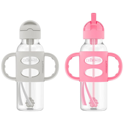Biberon à paille avec anses en silicone Dr. Brown's, Gris et Rose, 240 ml (Lot de 2)