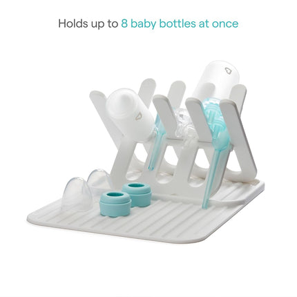 Munchkin Silicone Bottle Drying Rack and Mat, Holds 8 Bottles, Pump Parts, Pacifiers, & Accessories, Space Saving Folding Design, Home and Travel Use, Silicone, White