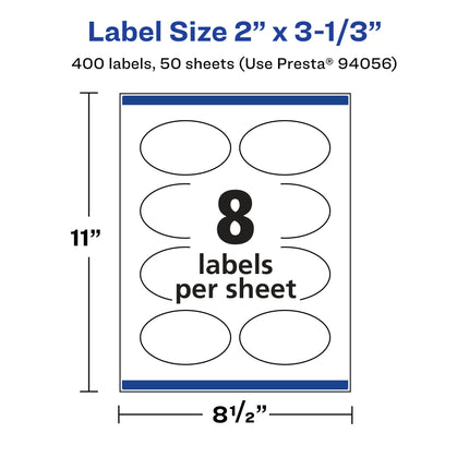 Avery Matte White Removable Oval Labels with Sure Feed Technology, Print-to-The-Edge, 2" x 3-1/3", 400 Removable Labels, Laser/Inkjet Printable Labels