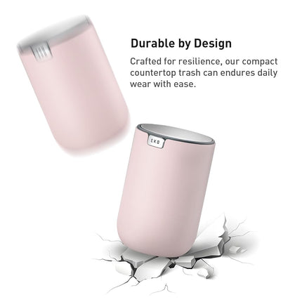 EKO Mini Desk Trash Can with Swing-Top Lid 0.4 Gallon Small Table Round Wastebasket for Office, Home, Car (Pink)